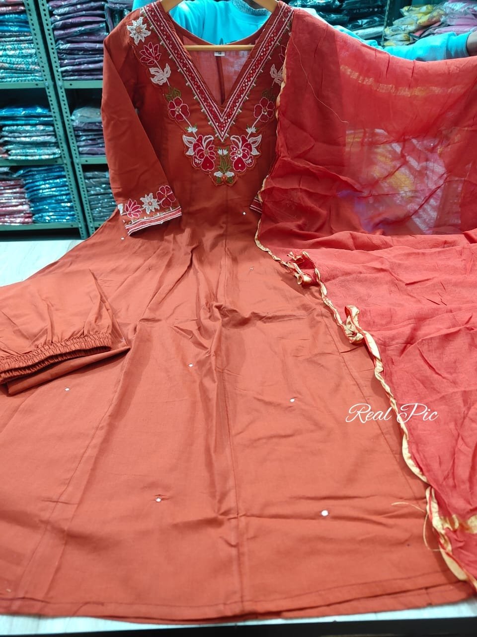 Orange Cotton Anarkali Suit Set with Mirror Work